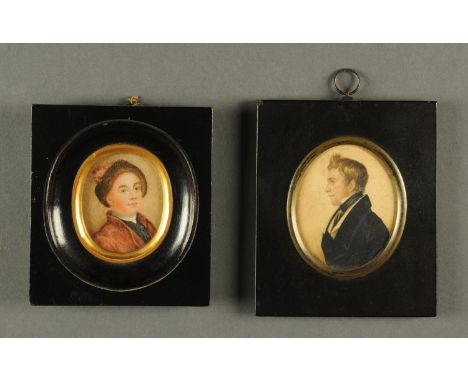 Two portrait miniatures, 19th century, gentleman in profile and lady,   each framed.  