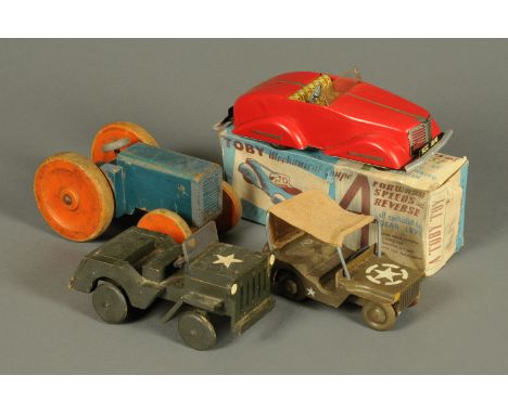 A vintage Toby mechanical coupe, and three wooden toys - tractor and two jeeps.