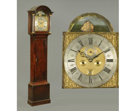 A Georgian oak longcase clock, with two-train striking movement by William Kipling, London, with ship automaton to arch.  Hei