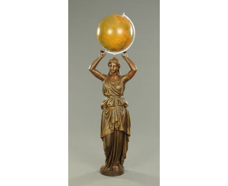 A 19th century spelter figure, holding aloft a later globe.  Height 152 cm. 