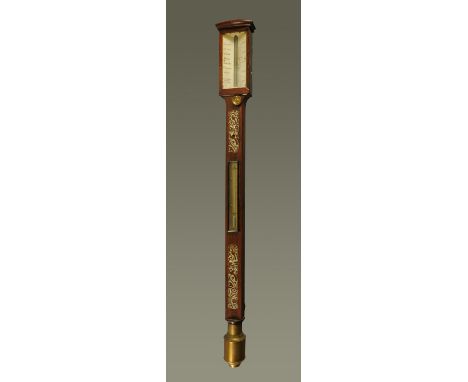 A 19th century rosewood inlaid mother of pearl stick barometer, by Blachford & Imray, London. CONDITION REPORT: The brass cis