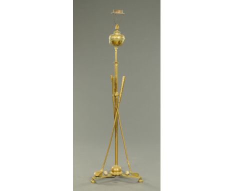 Golfing Interest - A Victorian brass lamp standard, the supports as three golf clubs, the driver stamped "Dreadnought", conve