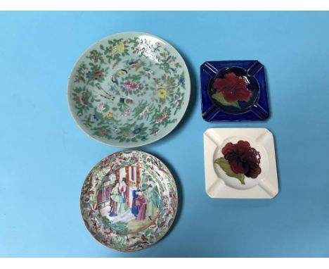 A Canton enamel plate and two Moorcroft ashtrays etc.