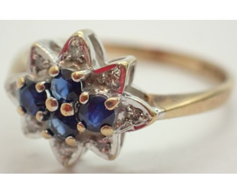 9ct gold sapphire and diamond flower ring size F