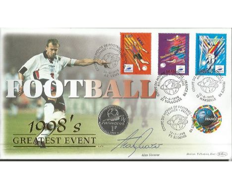 Alan Shearer signed Football 1998s greatest event official Benham coin FDC. 1 franc coin inset. Triple postmarked, Toulouse, 