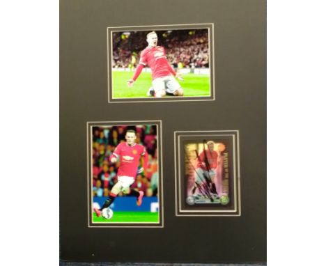 Wayne Rooney Man Utd football signed trading card and two unsigned photos mounted to an overall size of 14 x 11 inches. Good 