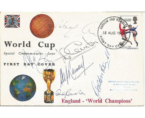 1966 Football World Cup heroes signed FDC. Alan Ball, Alf Ramsey, Jack Charlton, Bobby Charlton, Gordon Banks and Nobby Stile