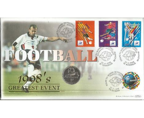 Football 1998s greatest event official Benham coin FDC. 1 franc coin inset. Triple postmarked, Toulouse, Marseilles and Si De