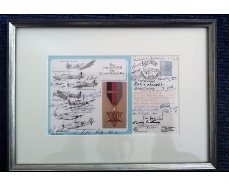 Battle of Britain multisigned 1939 45 Star with BOB Clasp cover. 1985 cover framed and mounted. Signed by 20 BOB pilots. Limi