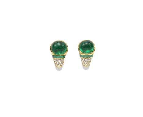 BULGARI: EMERALD AND DIAMOND EARCLIPS, CIRCA 1985Each emerald cabochon, issuing from a tapering bombé surmount, pavé-set with