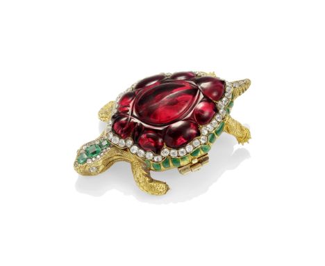 GARNET AND GEM-SET TURTLE BROOCH, CIRCA 1860The carved garnet shell within a surround of cushion-shaped and old brilliant-cut