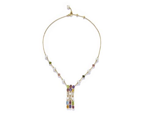 BULGARI: GEM-SET, CULTURED PEARL AND DIAMOND 'ALLEGRA'  PENDANT NECKLACEOf fringe design, the front set with cultured pearls,