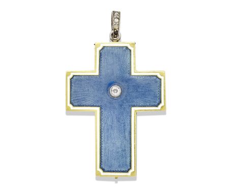 LINZELER: ENAMEL WATCH/PENDANT, CIRCA 1910The blue guilloché enamel Latin cross with white enamel borders, the lid accented b