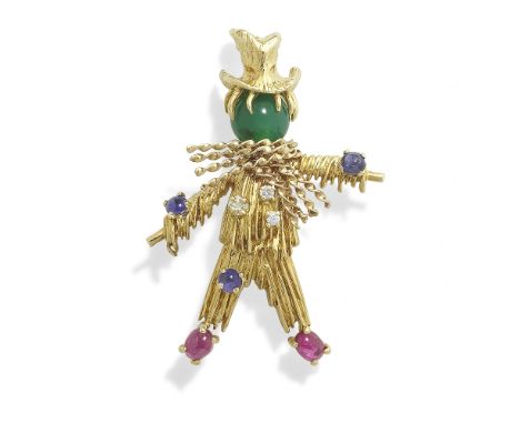 VAN CLEEF &amp; ARPELS: GEM-SET AND DIAMOND SCARECROW BROOCH, CIRCA 1965The textured clothing set with brilliant-cut diamonds