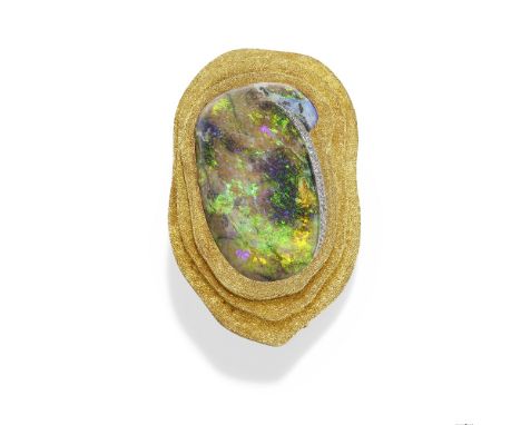 GRIMA: BOULDER OPAL AND DIAMOND BROOCH/PENDANT, 1971The boulder opal within a concentric tiered surround of sandblasted 18 ca