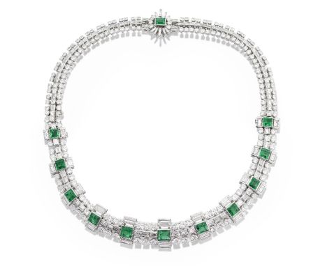 EMERALD AND DIAMOND NECKLACE, BRACELET COMBINATIONThe front set with square step-cut emeralds, flanked by baguette-cut diamon