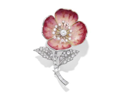 BOUCHERON: ENAMEL AND DIAMOND FLOWER BROOCH, CIRCA 1955With red and pink guilloché enamel petals, and brilliant and baguette-