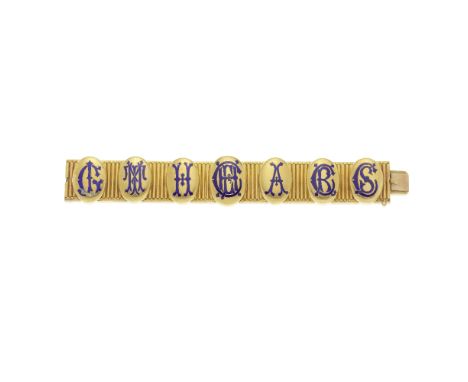GOLD AND ENAMEL LOCKET BRACELET, CIRCA 1860The articulating cylindrical linking, set with seven lockets, each containing a ph