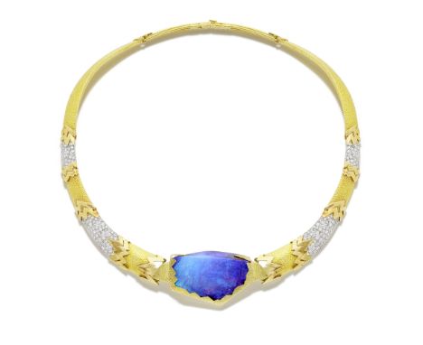 GRIMA: BOULDER OPAL AND DIAMOND NECKLACE, CIRCA 1985The textured articulated collar with central boulder opal, highlighted by