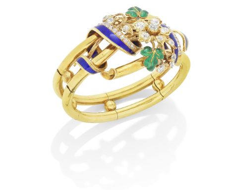 DIAMOND AND ENAMEL HINGED BANGLE, MID 19TH CENTURYDesigned as a coiling stem in polished gold, the front with old brilliant-c