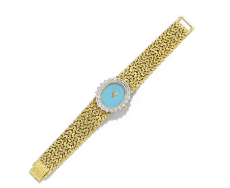 PIAGET: TURQUOISE AND DIAMOND-SET WRISTWATCH, CIRCA 1970The oval turquoise dial within a brilliant-cut diamond surround, on a