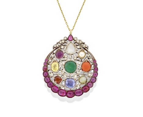 GEM-SET NAVARATNA PENDANT, EARLY 20TH CENTURYThe nine vari-cut principal gemstones comprising a diamond, pearl, coral coralli