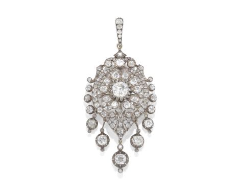 DIAMOND PENDANT, CIRCA 1870The central old cushion-shaped diamond, weighing 2.10 carats, framed by an openwork foliate surrou