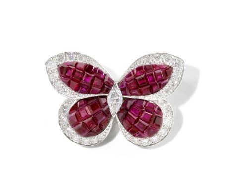 VAN CLEEF &amp; ARPELS: MYSTERY-SET RUBY AND DIAMOND BUTTERFLY BROOCH, CIRCA 1960The wings mystery-set with calibré-cut rubie