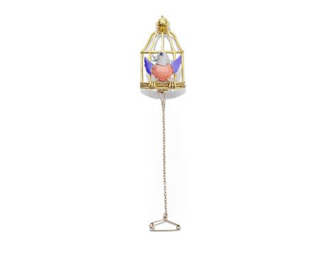 CARTIER: CORAL, ENAMEL AND SAPPHIRE 'OISEAU LIBÉRÉ' BROOCH, 1986The singing bird with coral corallium rubrum body, blue ename