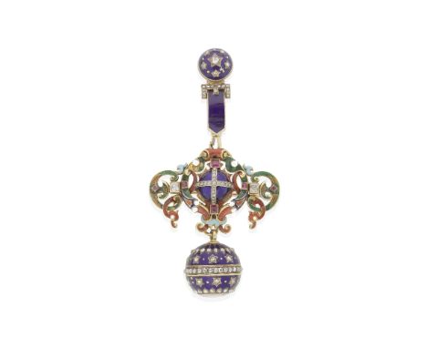 GEM-SET ENAMELLED FOB WATCH BROOCH/PENDANT COMBINATION, 1870 AND LATERThe Renaissance Revival scrolling red, blue and green g