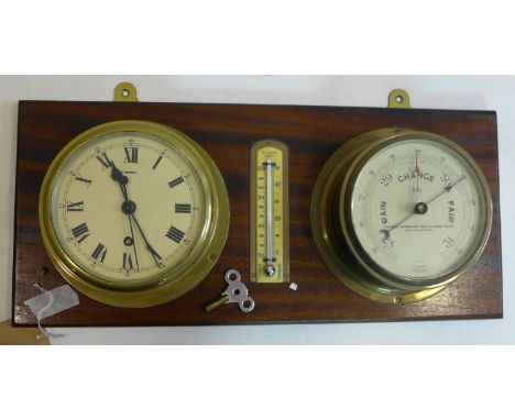 A wall mounted bulkhead clock, barometer and thermometer set, 25 x 56cm 