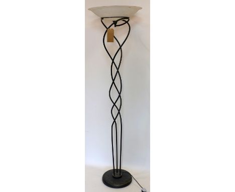 A wrought iron standard lamp with floral frosted glass shade, H.180cm 