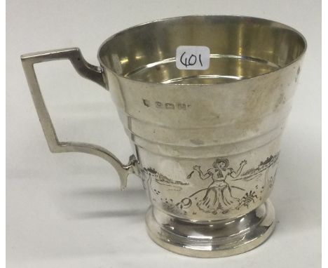 A silver christening mug engraved with nursery rhyme scenes. Birmingham 1931. By Charles S Green & Co. Approx. 98 grams. Est.