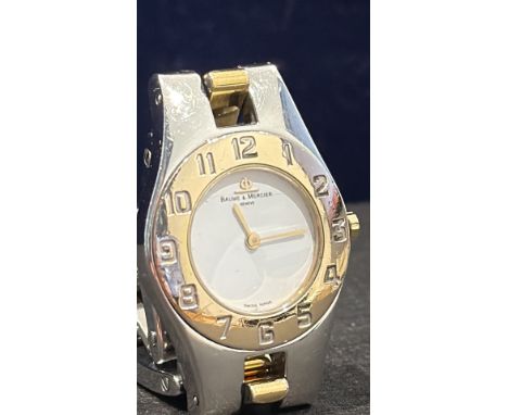 Baume & Mercier watch, two-tone stainless steel and gold bracelet, white dial with gold-tone hands and markers.