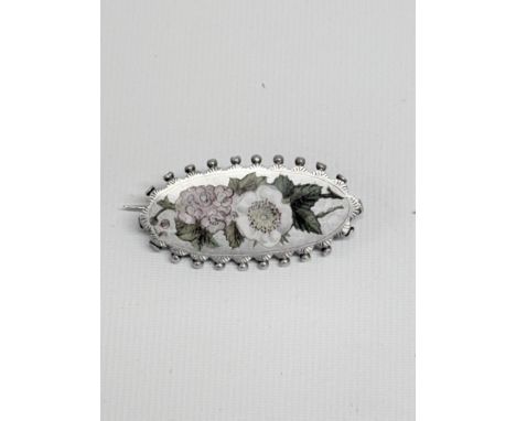 Silver enamel oval brooch