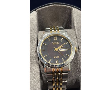 Citizen Eco-Drive WR - 50 wristwatch with date app at 3 o'clock two tone strap. Box and two outer boxes