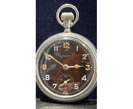 Rare Elgin military pocket watch with black dial. Sub second dial at 6 o'clock. Luminous orange numerals at 12 - 3 - 8 o'cloc