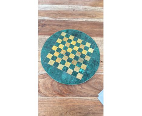 Circular chessboard, malachite and brass inlay, Art Deco style.