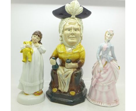 Two figures, Royal Worcester Victoria and Royal Doulton Childhood Days, and a Wood &amp; Sons Toby jug (3)