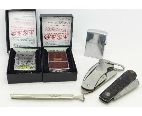 Two Zippo lighters, one other lighter, two knives and a pipe tamper