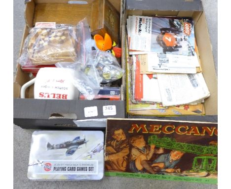 Assorted items including a Bell's Scotch Whisky water jug, musical boxes and children's toy instructions including Subbuteo, 