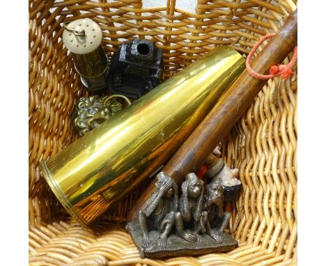 A brass military shell 'vase', a truncheon, a brass lion mask door knocker, etc.