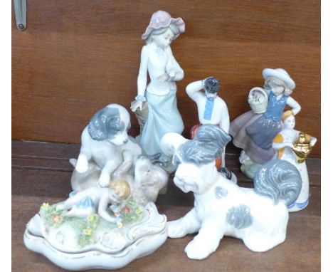 Two Lladro figures, two Nao figures, two USSR figures and a continental lidded pot, (7)