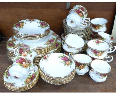 Royal Albert Old Country Roses teawares, six dinner plates, side plates, fruit bowls and other coffee and tea cups, sixty-thr