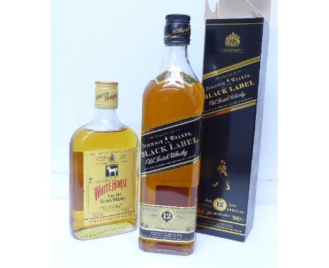 A bottle of Johnnie Walker Old Scotch Whisky, aged 12 Years, boxed and a small bottle of White Horse Fine Old Scotch Whisky, 