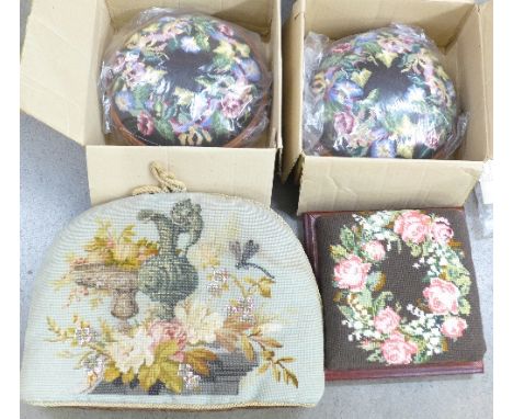 A large Victorian beadwork tea cosy, a pair of tapestry footstools and one other