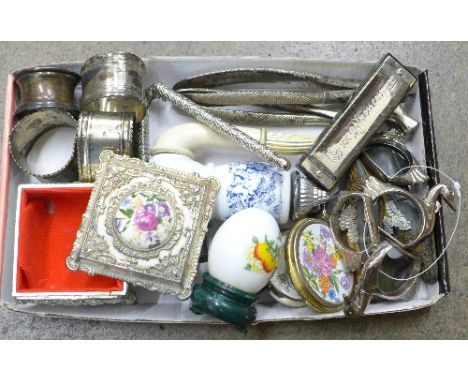 Assorted items, plated napkin rings, box, harmonica, etc.