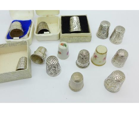 Twelve silver thimbles including commemorative, two a/f, one Worcester and one Limoges, (14)