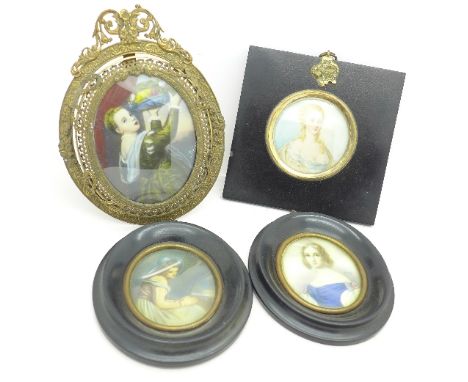 A Georgian miniature portrait, a painting on ivory in an oval gilt metal frame and two later portraits in oval frames