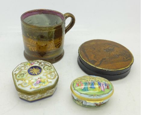 A circular papier mache lidded pot, two trinket boxes including Limoges and a Victorian copper lustre mug